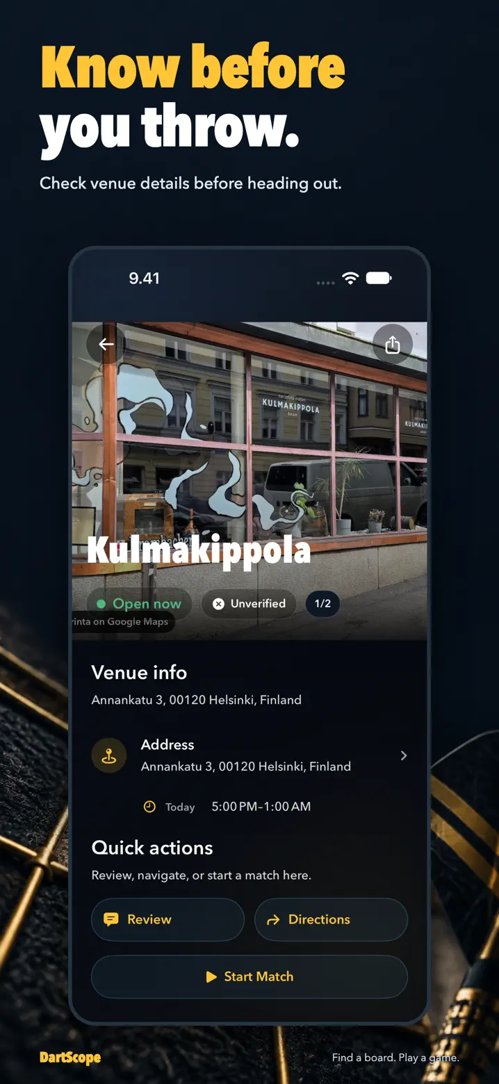 DartScope venue details with photos and board information