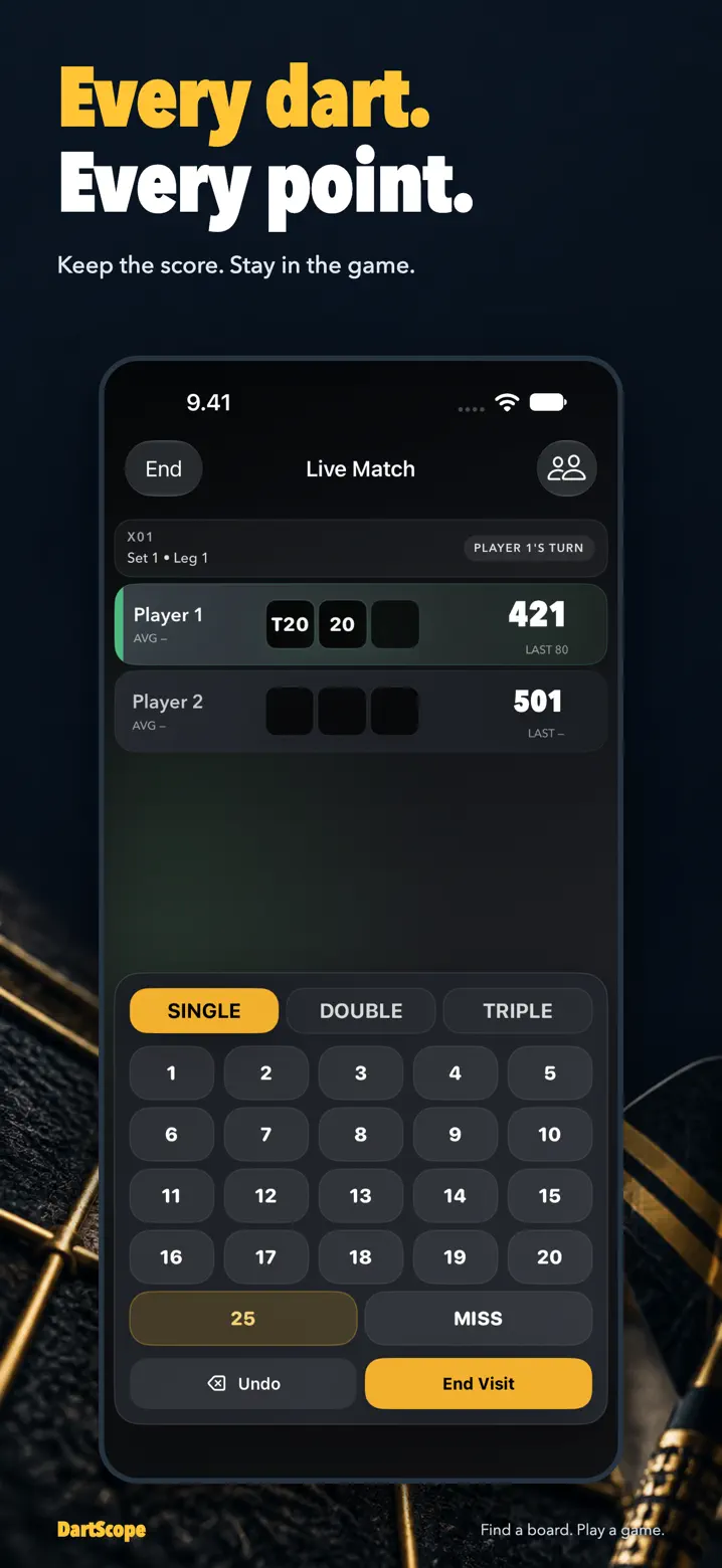 DartScope live match scoring screen