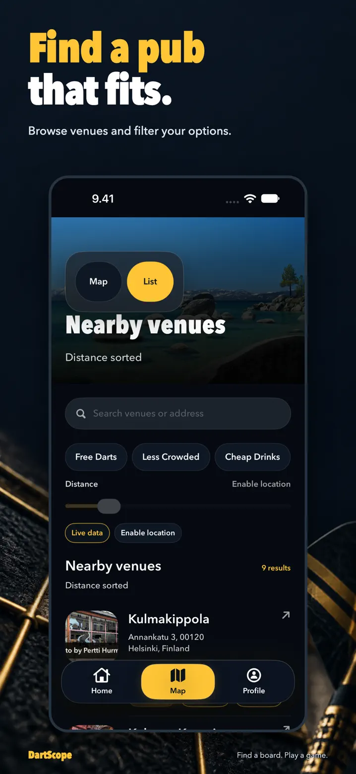 DartScope venue list with search and filters